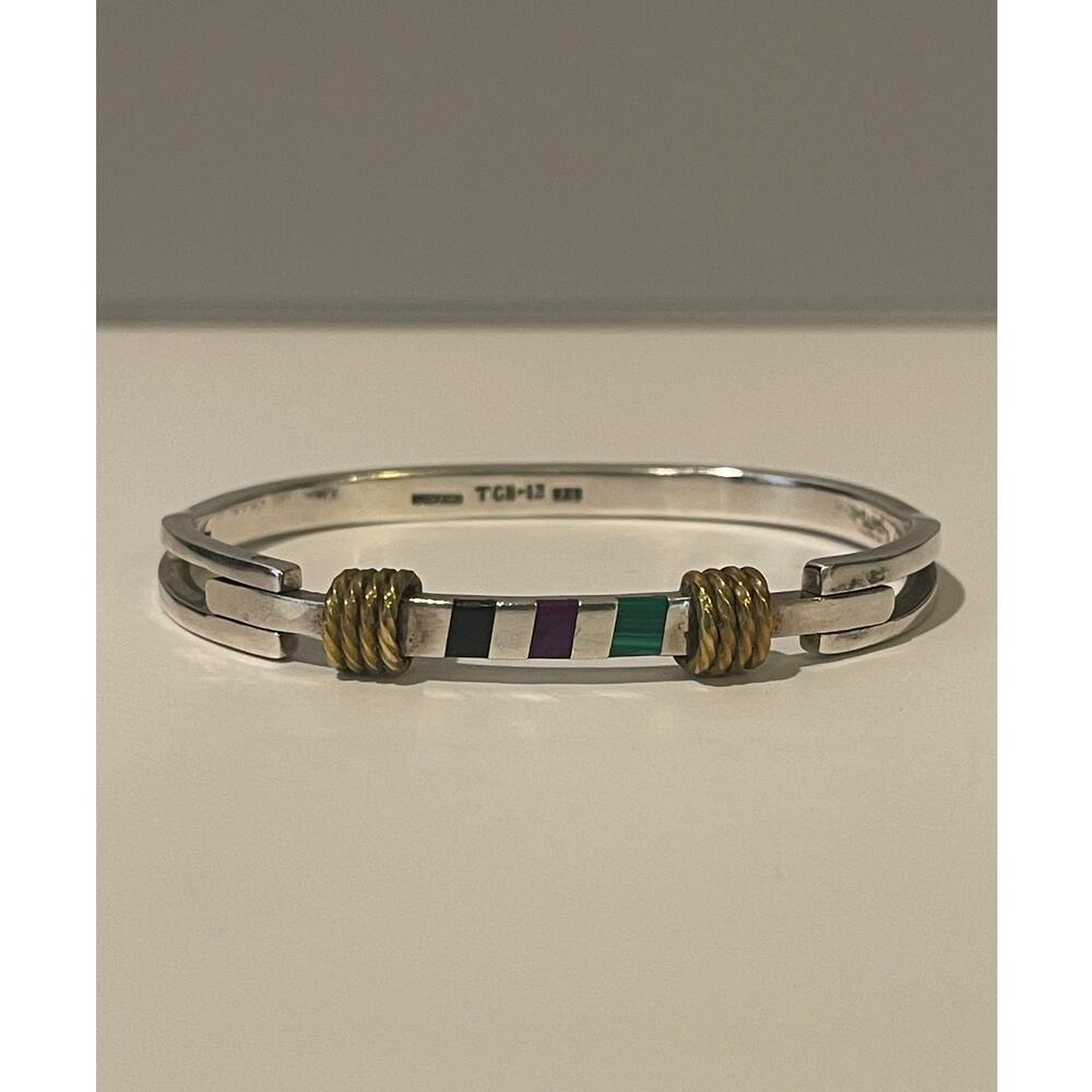 Taxco Mexico Sterling Silver Stone Inlay Hinge Bangle Bracelet